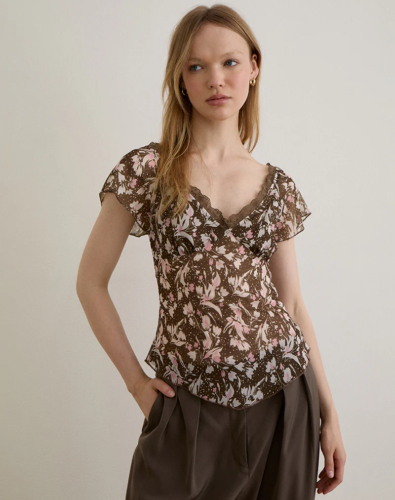 Misaki Top in Chiffon Polka Flower Brown - Image 2