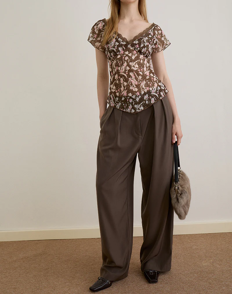 Misaki Top in Chiffon Polka Flower Brown - Image 3