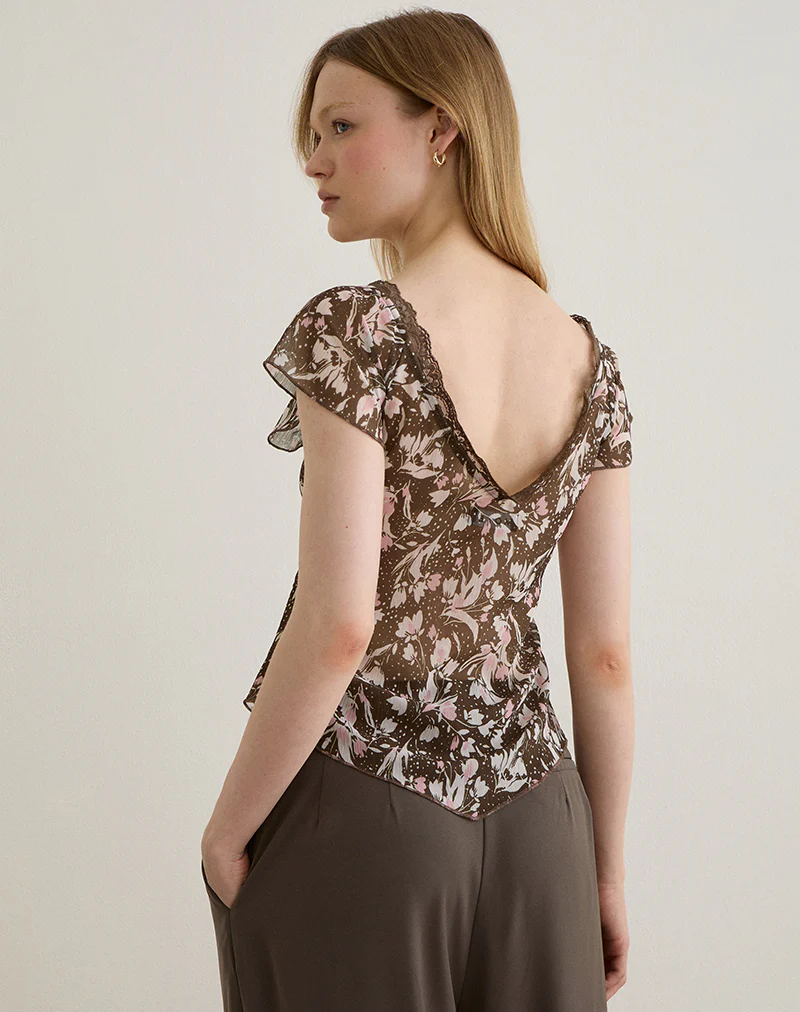 Misaki Top in Chiffon Polka Flower Brown - Image 5