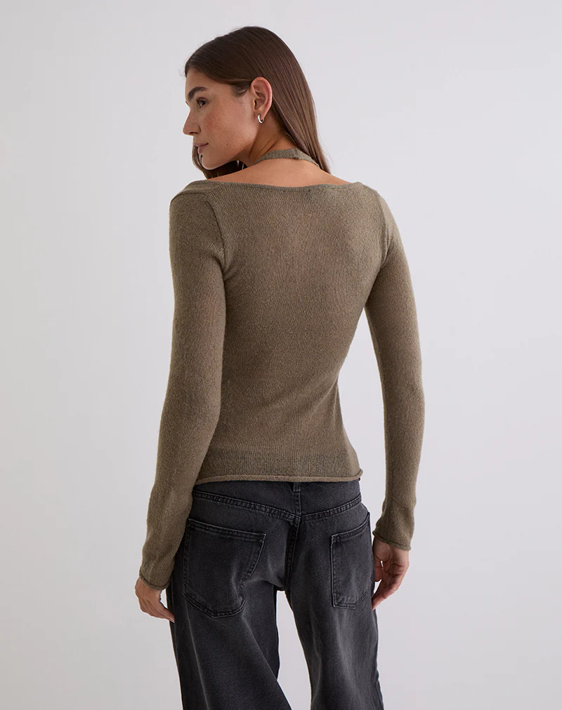 Misora Long Sleeve Top in Sheer Knit Taupe - Image 5