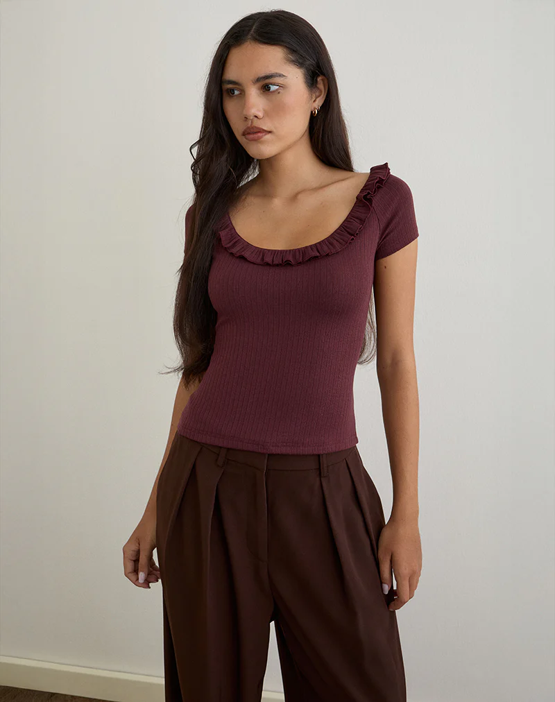Mitali Top with Ruffle in Pointelle Burgundy - Image 3