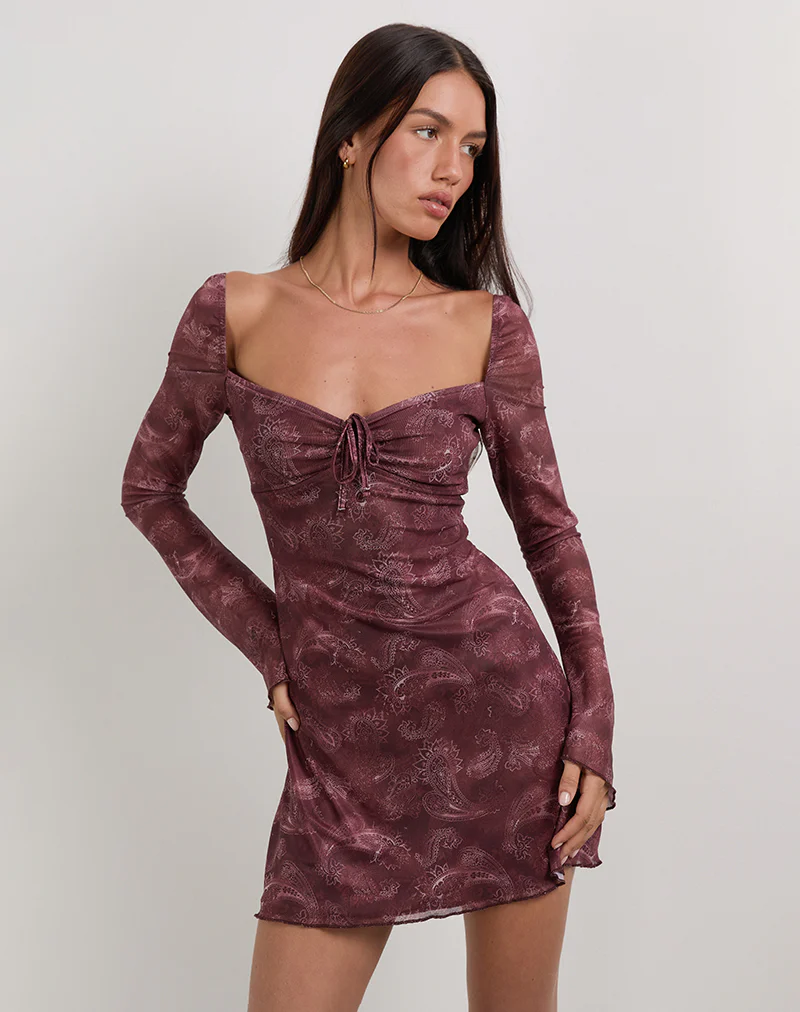 Modena Long Sleeve Mini Dress in Tonal Paisley Plum - Image 5