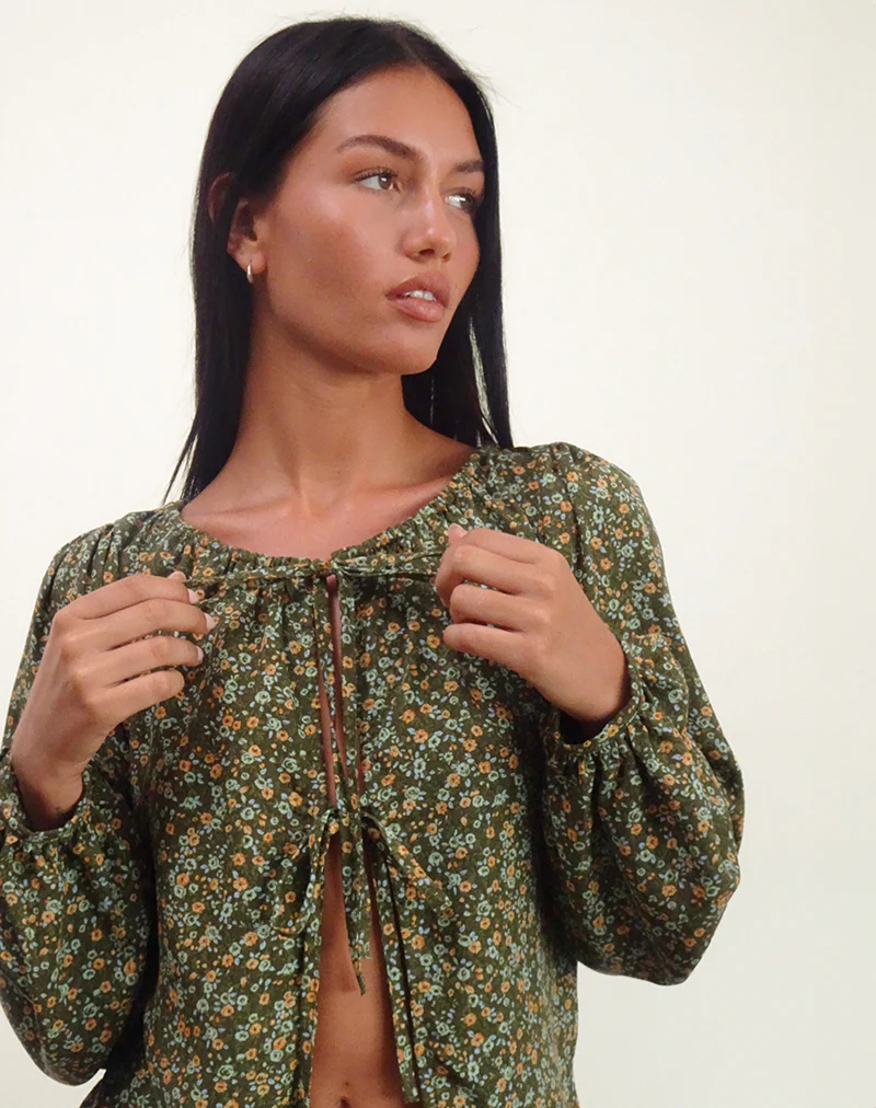Modeta Tie Top in Grunge Floral Khaki - Image 3