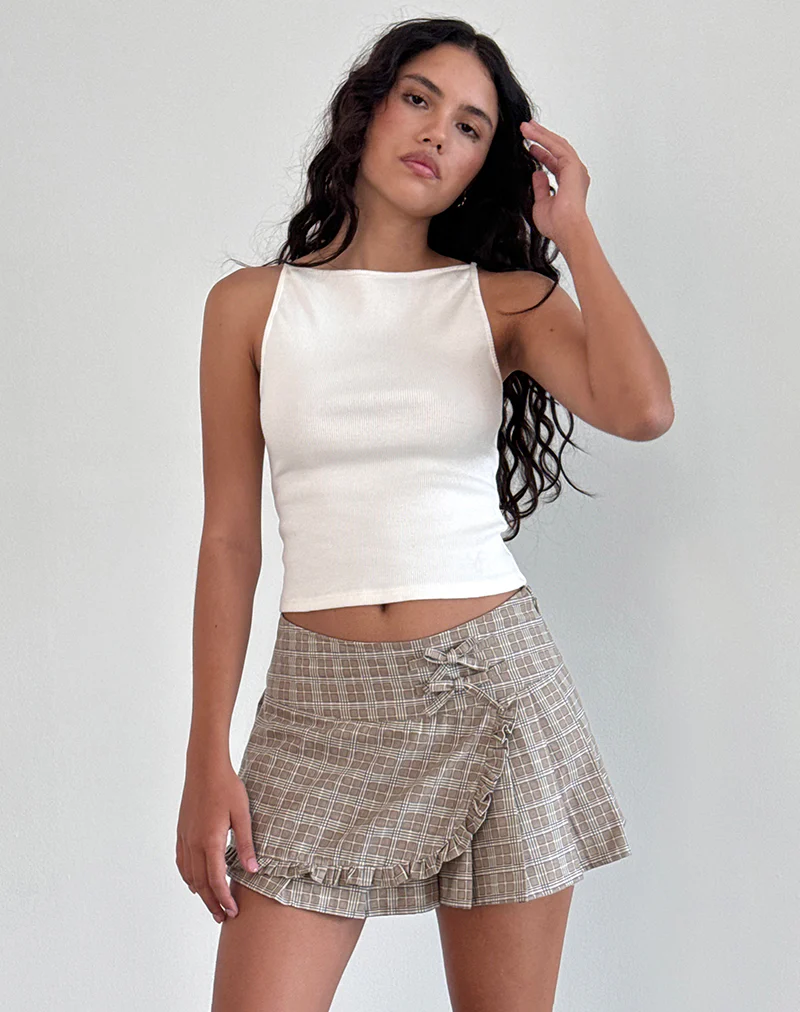 Monana Wrap Micro Skirt in Check Taupe - Image 3