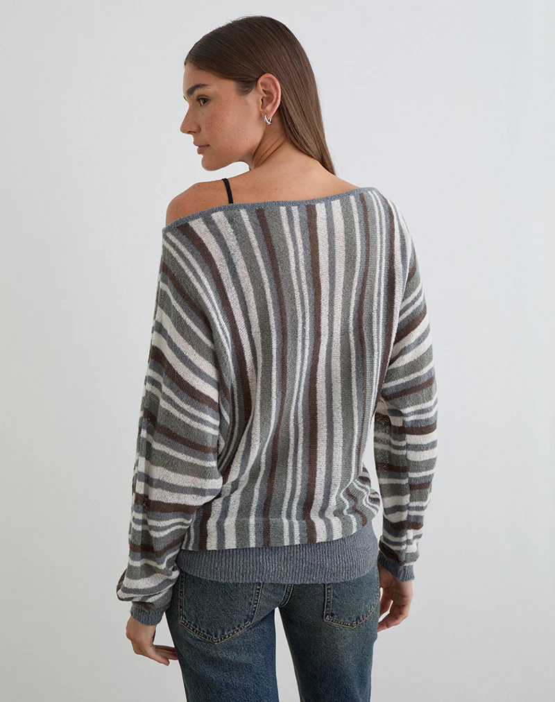 Monara Off Shoulder Knit Top in Big Stripe Grey - Image 5