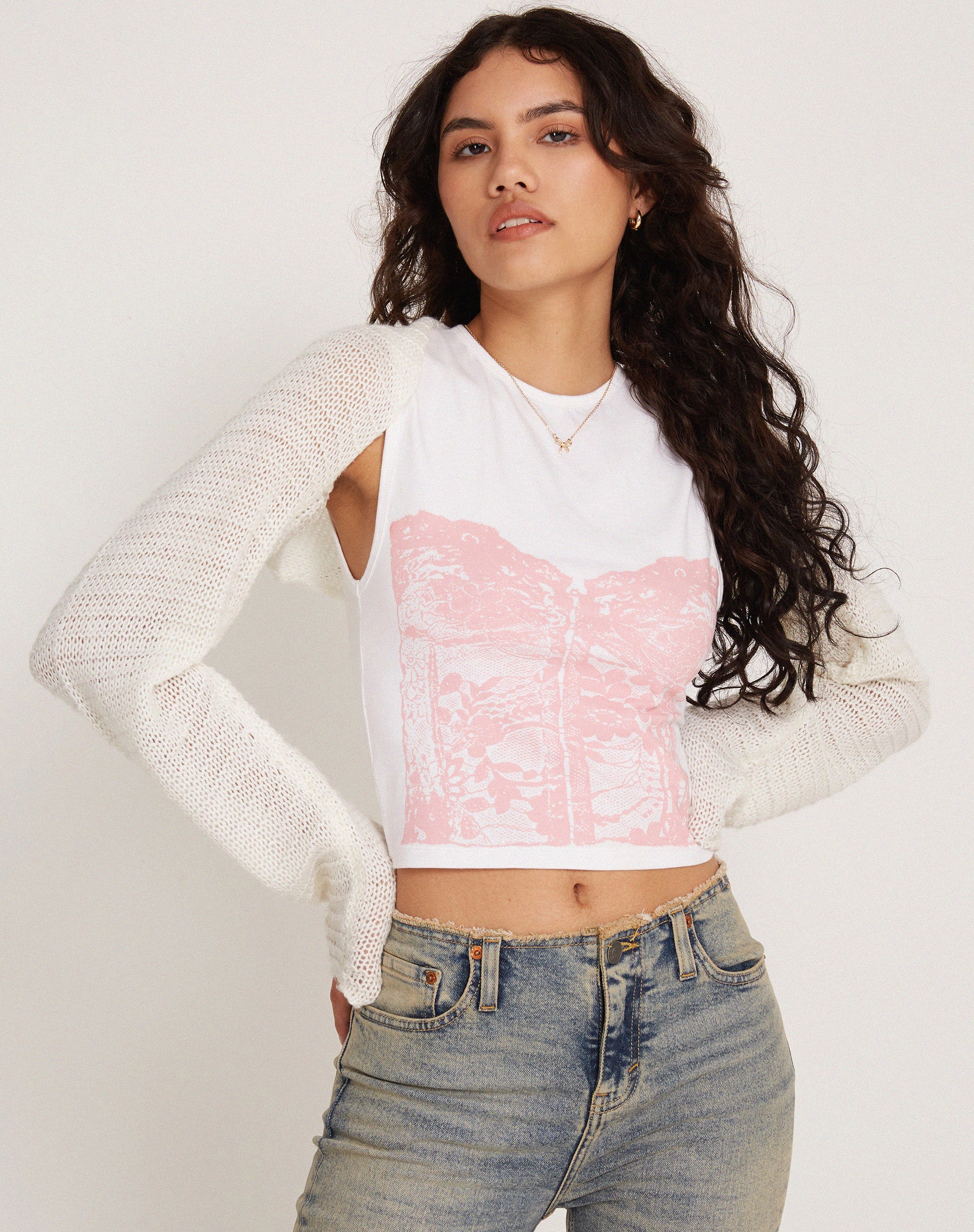 Monlo Vest Top in White Pink Corset Print - Image 3