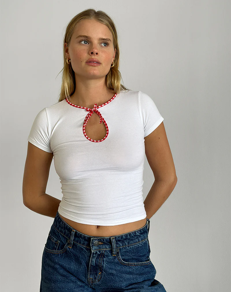 Monsel Tie Front Top in White with Red Gingham Binding - Image 6