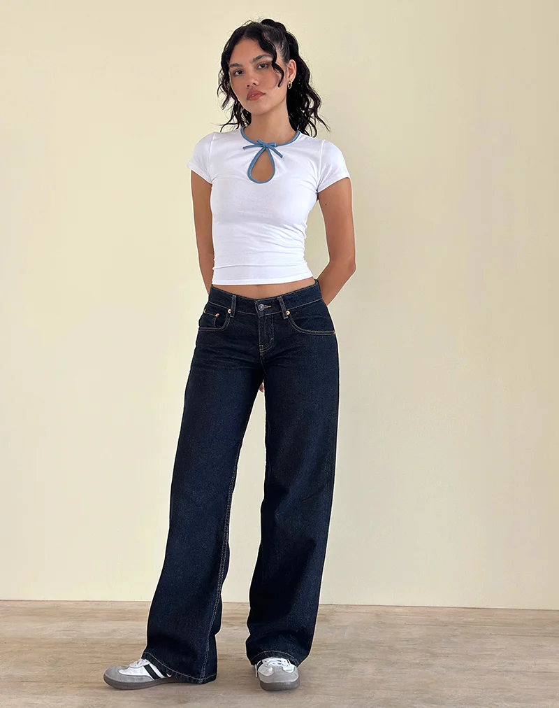 Monsel Tie Front Top in White with Faded Denim Binding - Image 2