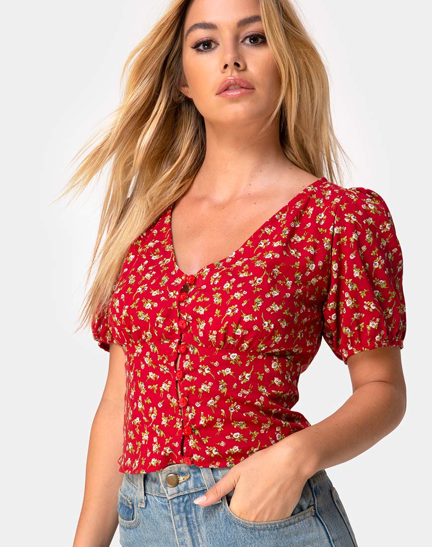 Moria Top in Falling For You Floral Red - Image 2