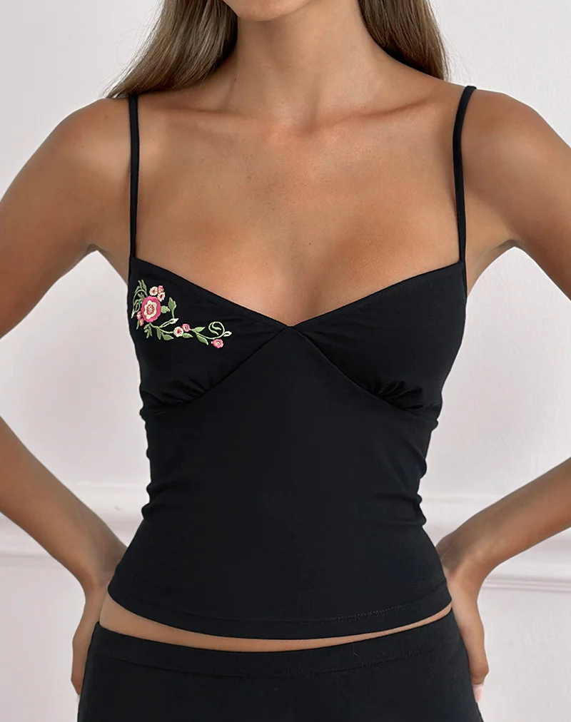 Morty Cami Top in Black with Swirly Floral Embroidery - Image 2