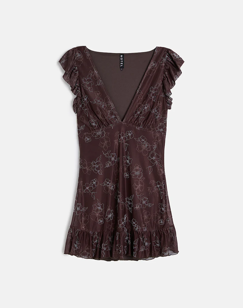 Motarika Mini Dress in Doodle Flower Flock Brown - Image 3
