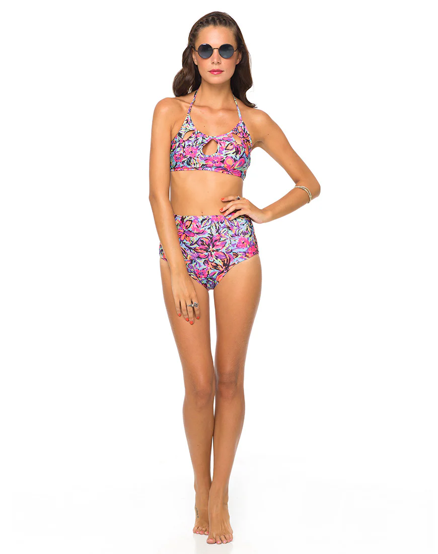 Motel Flux Longline Bikini Top In Fluro Flower - Image 2