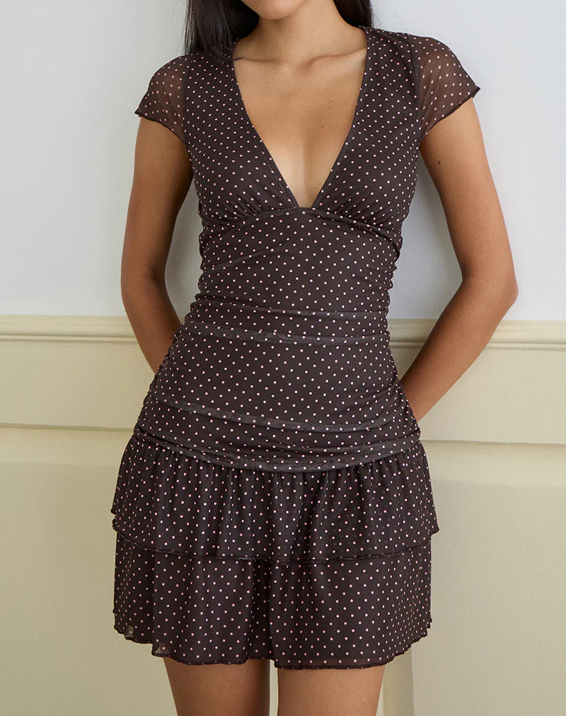 Mowgli Cap Sleeve Mini Dress in Brown with Micro Polka Pink Print - Image 5