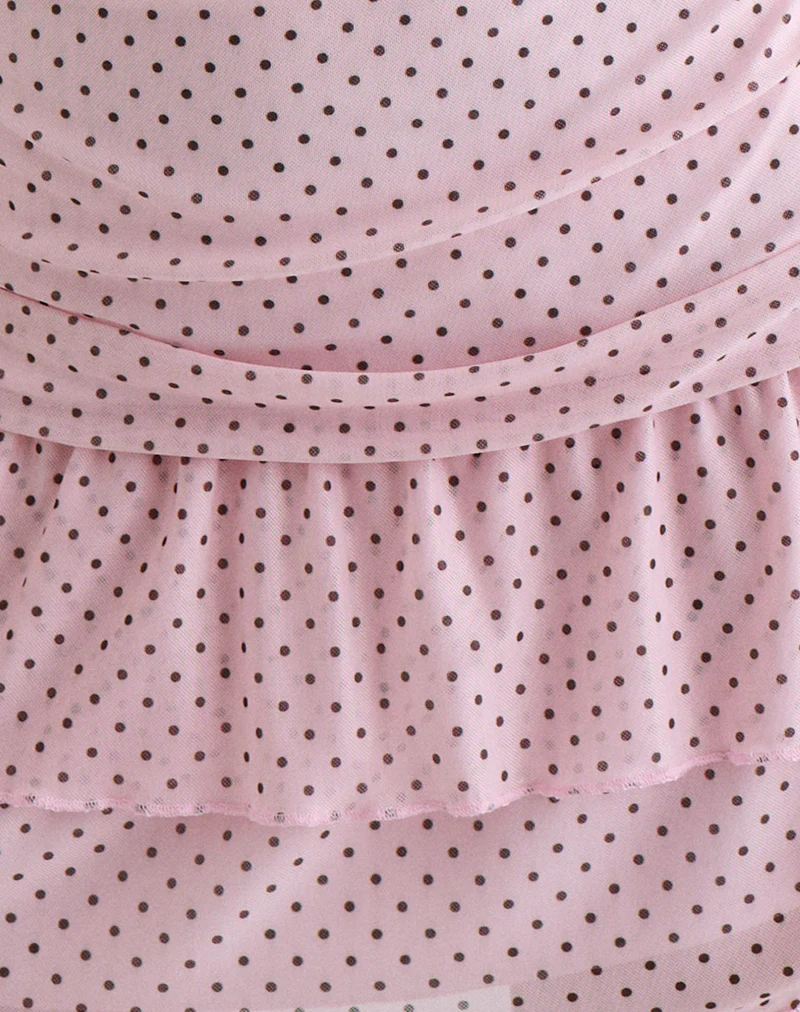 Mowgli Cap Sleeve Mini Dress in Baby Pink with Micro Polka Black - Image 6