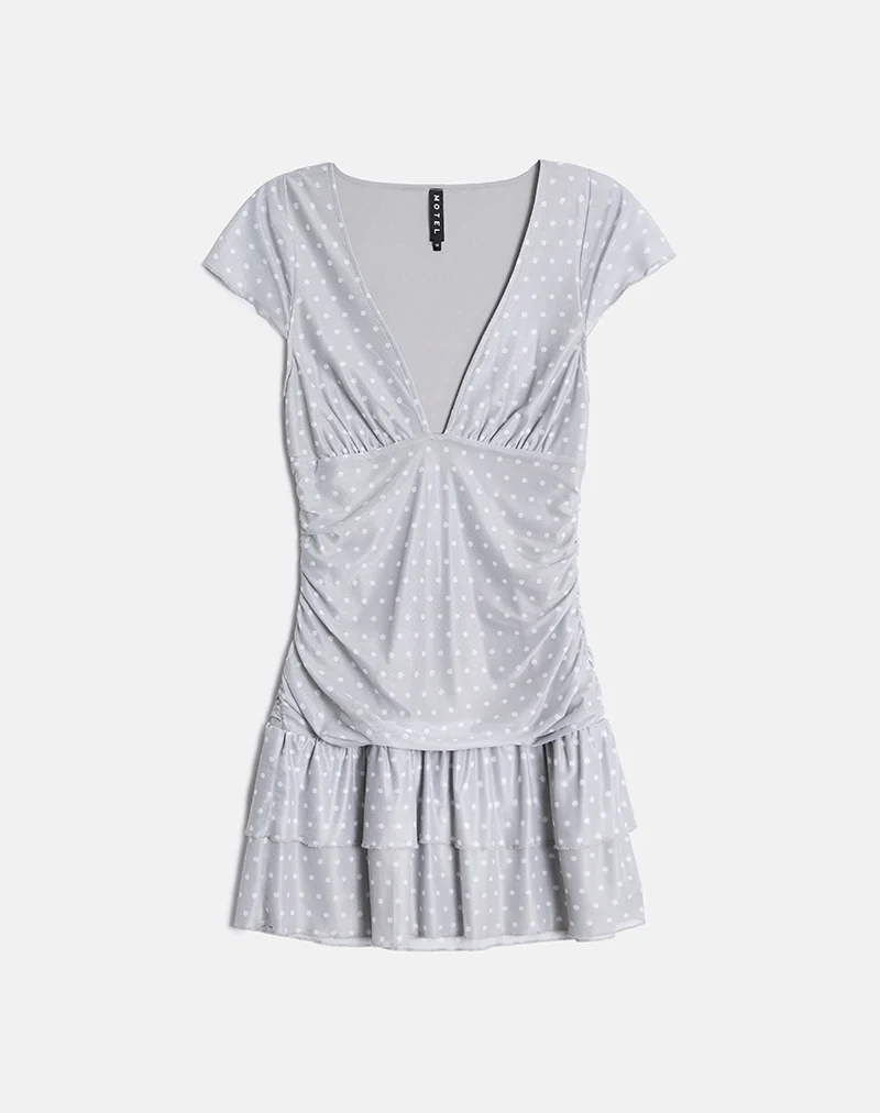 Mowgli Cap Sleeve Mini Dress in Grey with Micro White Polka - Image 4