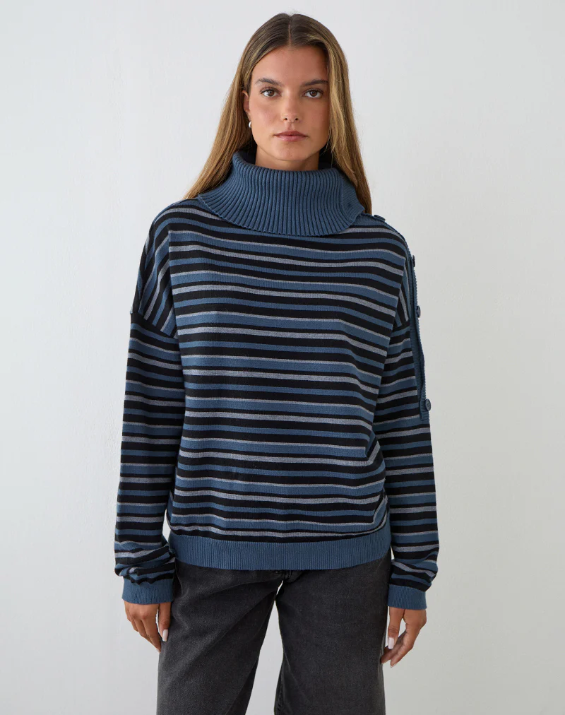 Muniar Jumper in Knit Stripe Blue Grey - Image 3