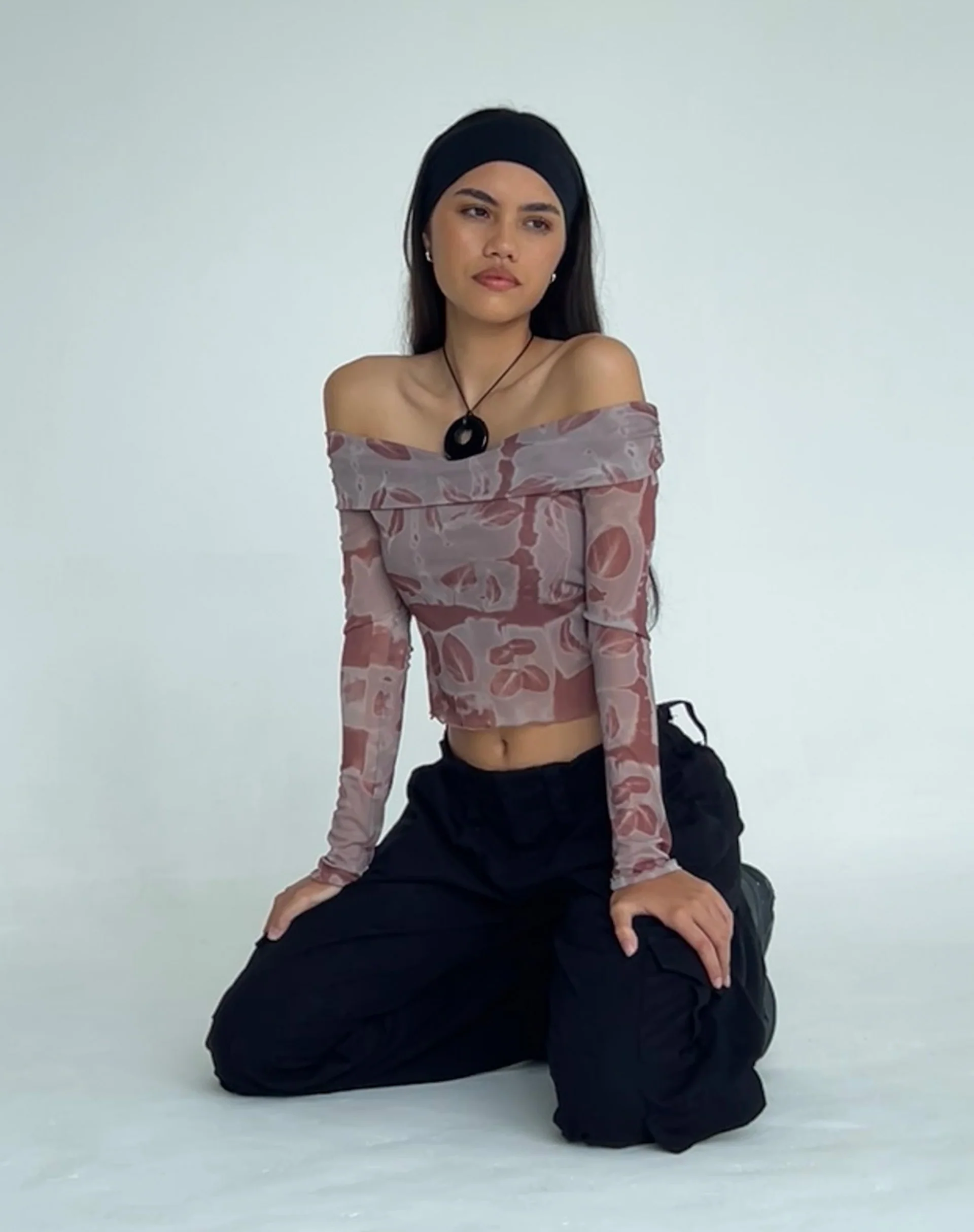 Nadhira Long Sleeve Mesh Bardot Top in Botanical Bleed Warm Grey - Image 2