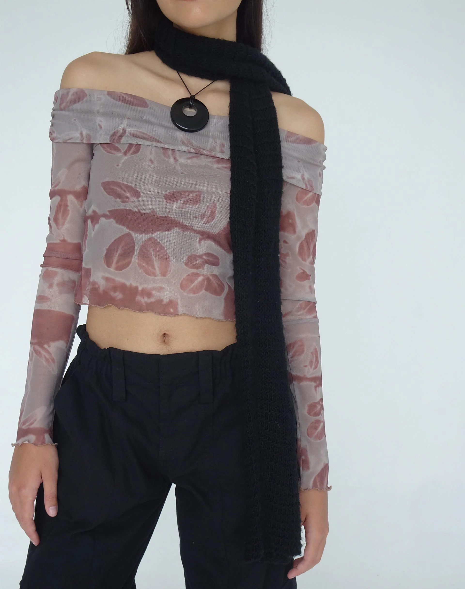 Nadhira Long Sleeve Mesh Bardot Top in Botanical Bleed Warm Grey - Image 3