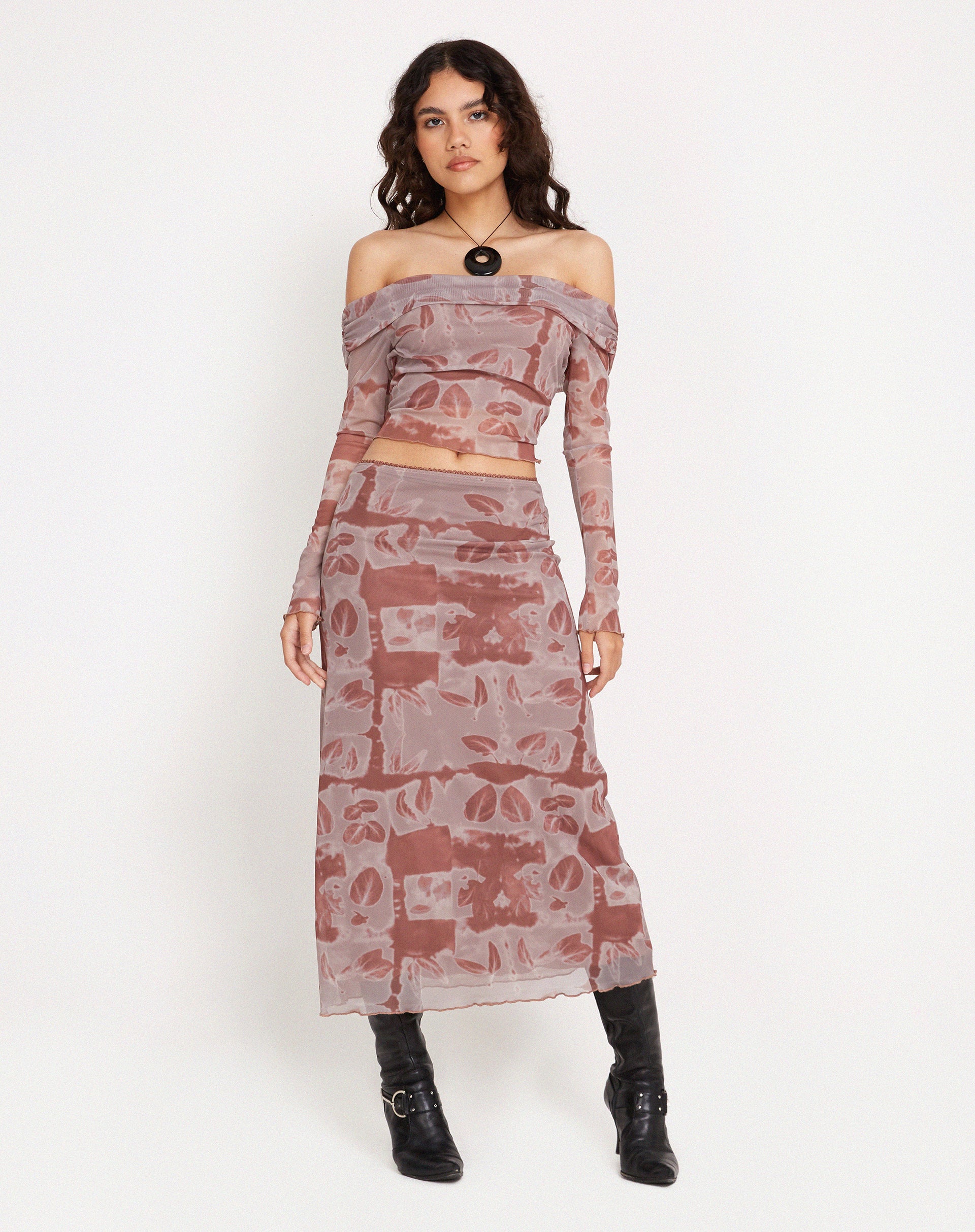 Nadhira Long Sleeve Mesh Bardot Top in Botanical Bleed Warm Grey - Image 7