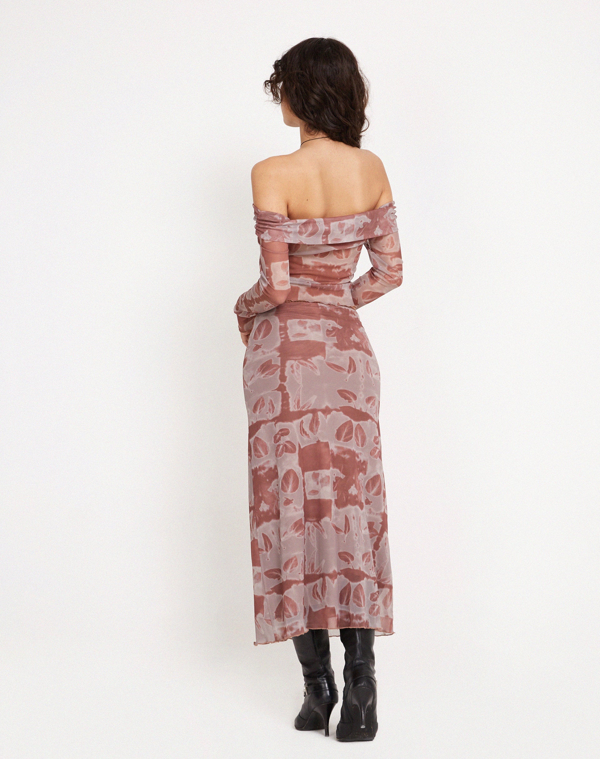 Nadhira Long Sleeve Mesh Bardot Top in Botanical Bleed Warm Grey - Image 8