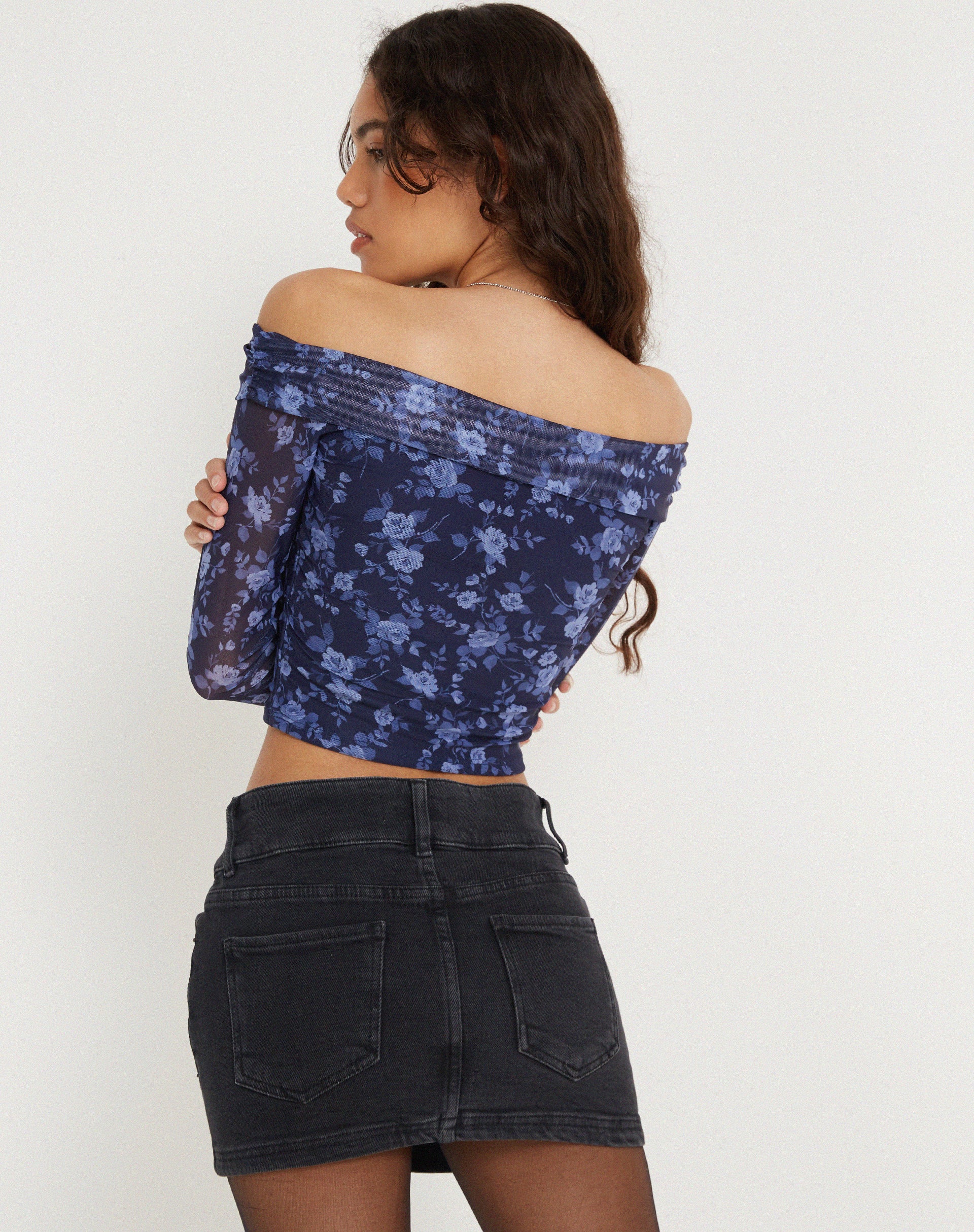 Nagini Long Sleeve Bardot Top in Pretty Floral Navy - Image 3
