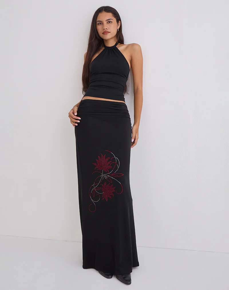 Naisra Maxi Skirt in Cupro Diamante Flower Black - Image 4