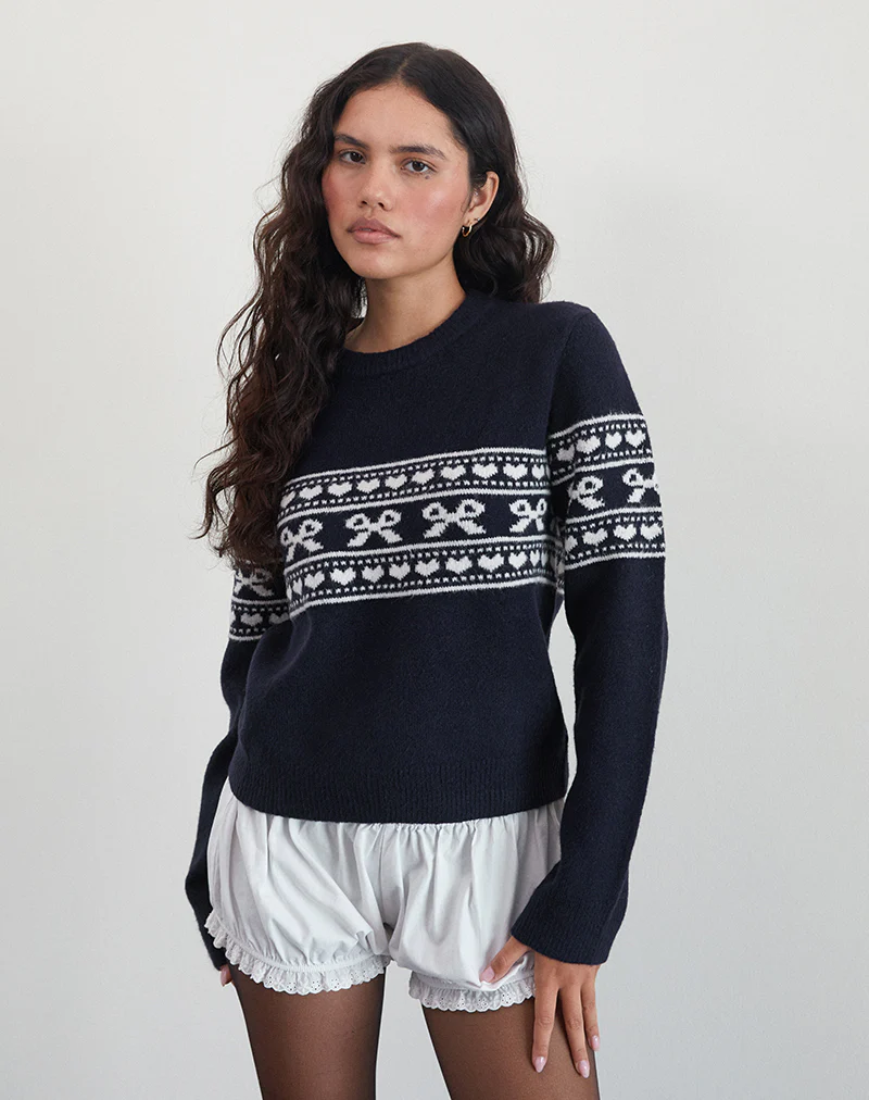 Namirta Knitted Jumper in Peacoat with Fairisle Bow - Image 6