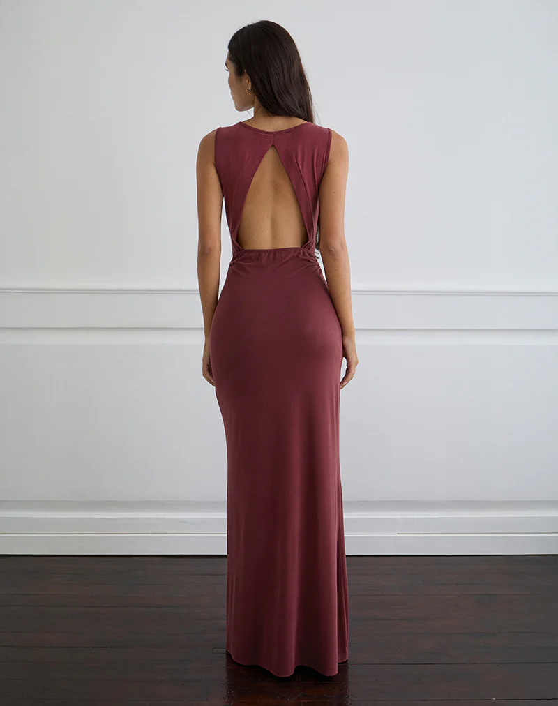 Namra Cowl Neck Maxi Dress in Cupro Burgundy - Image 3