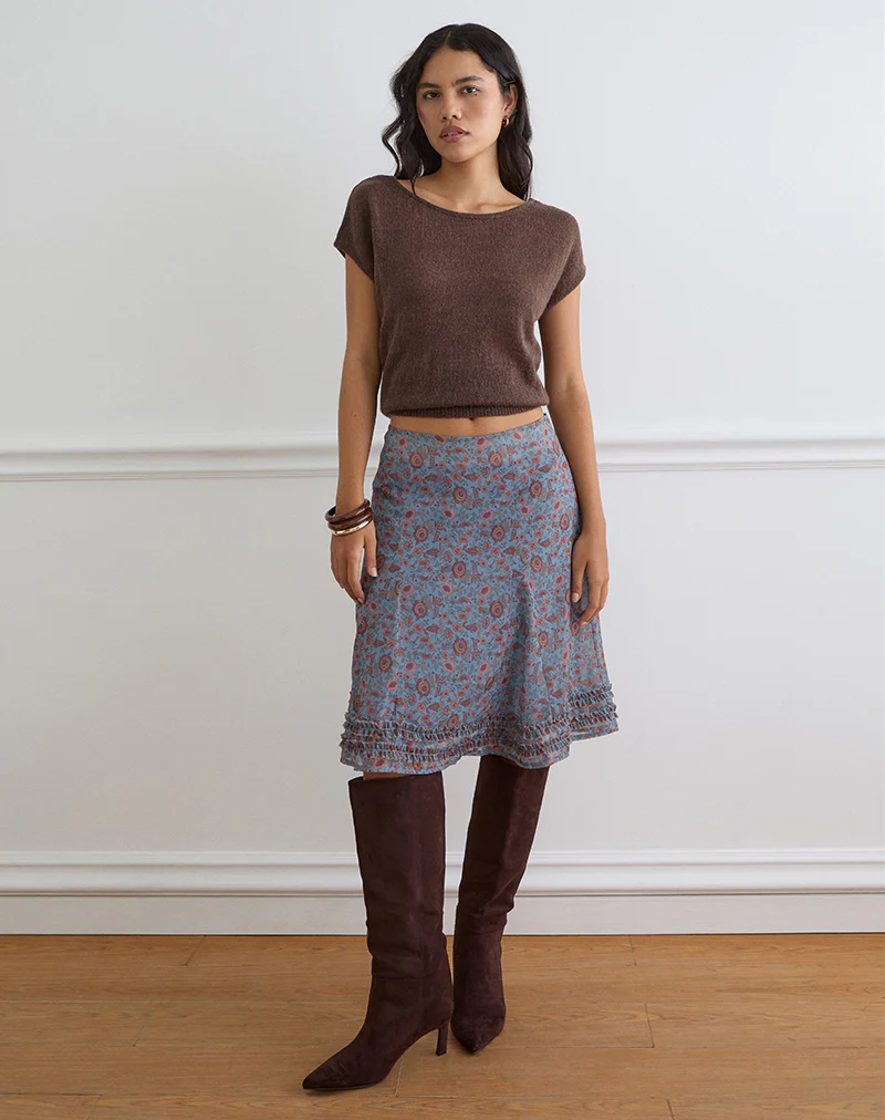 Nanami Midi Skirt in Shadow Blossom Blue Chiffon