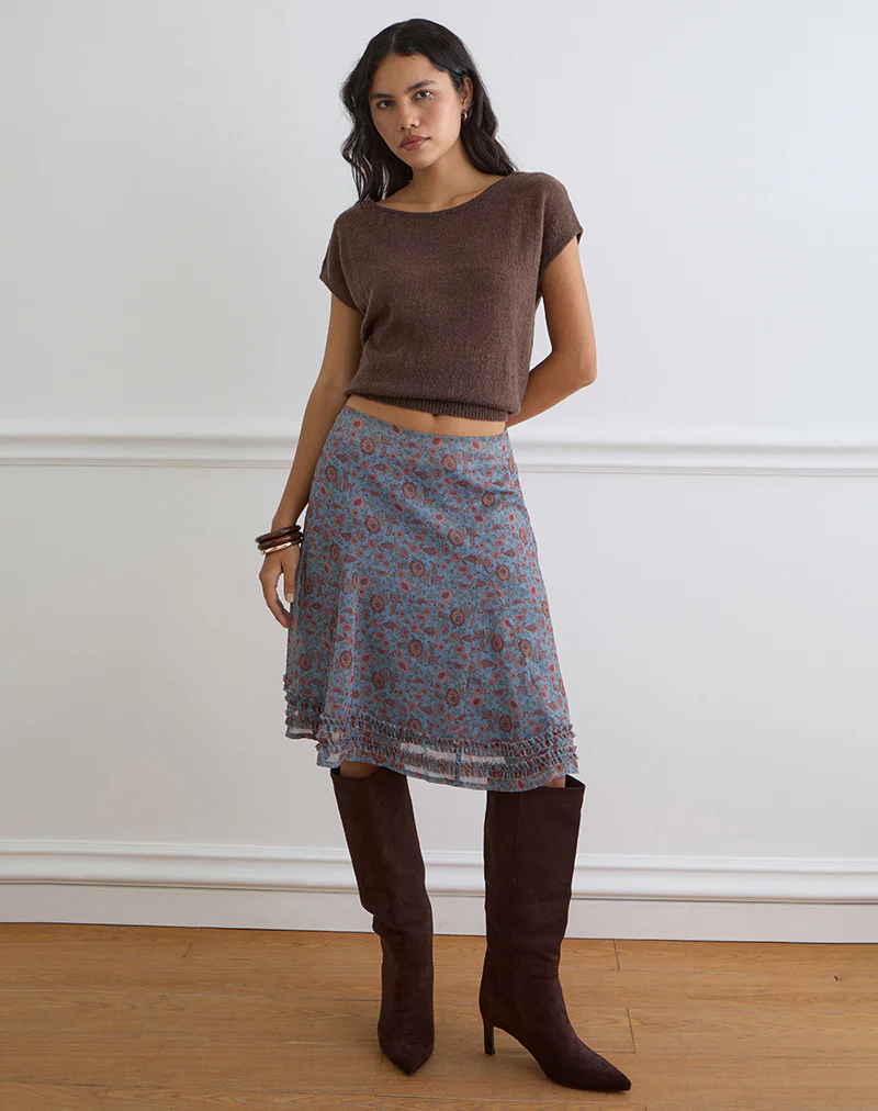 Nanami Midi Skirt in Shadow Blossom Blue Chiffon - Image 4