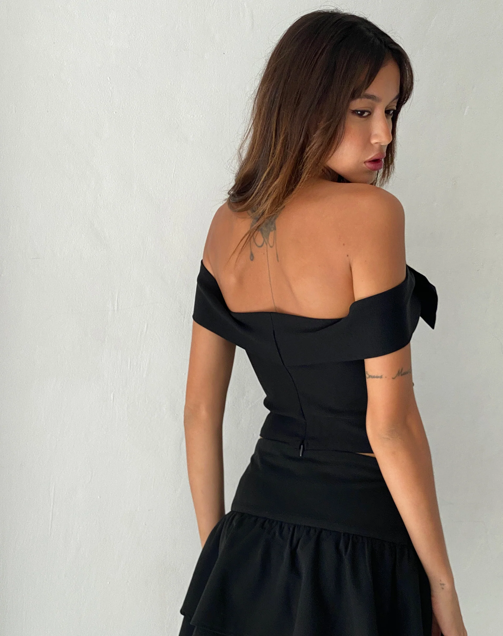 Naras Bow Front Bardot Top in Black Tailoring - Image 4