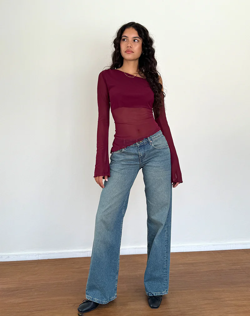 Narcissa Asymmetric Long Sleeve Top in Maroon - Image 4