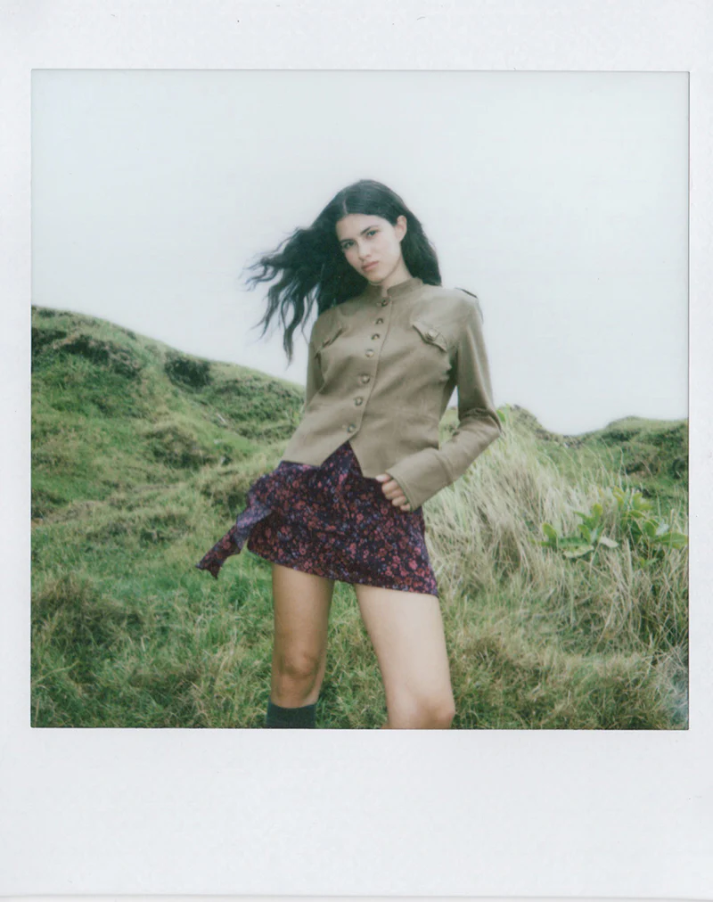 Naru Mini Skirt in Chiffon Scattered Floral Black and Red - Image 2