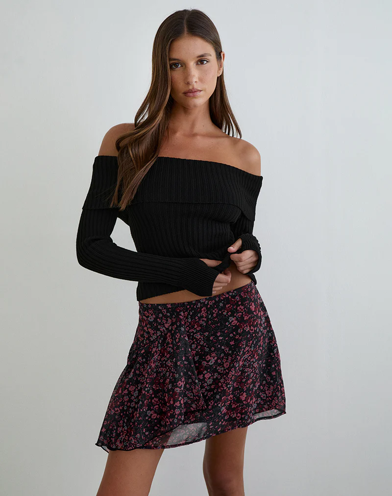 Naru Mini Skirt in Chiffon Scattered Floral Black and Red - Image 3