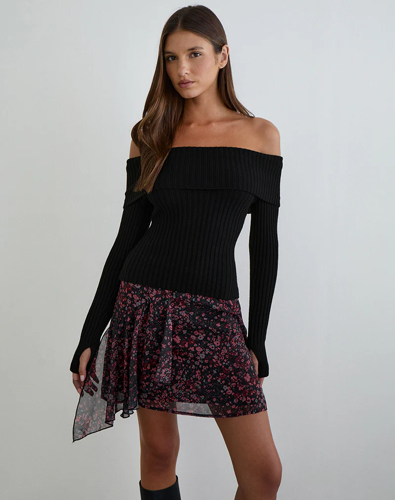 Naru Mini Skirt in Chiffon Scattered Floral Black and Red - Image 5
