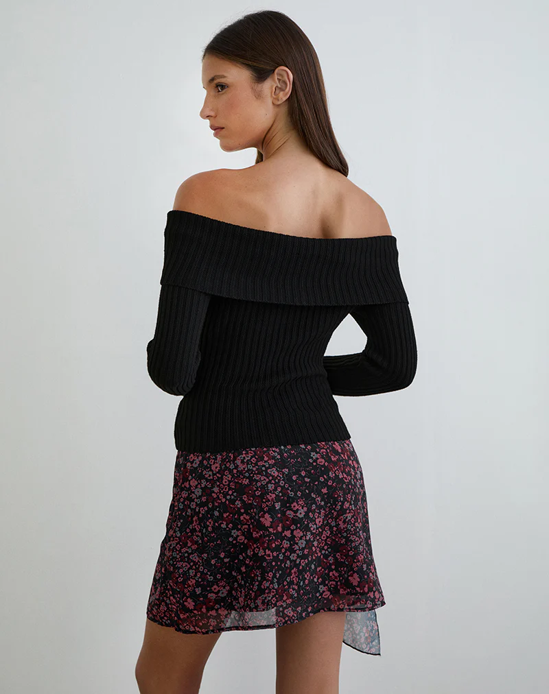 Naru Mini Skirt in Chiffon Scattered Floral Black and Red - Image 6