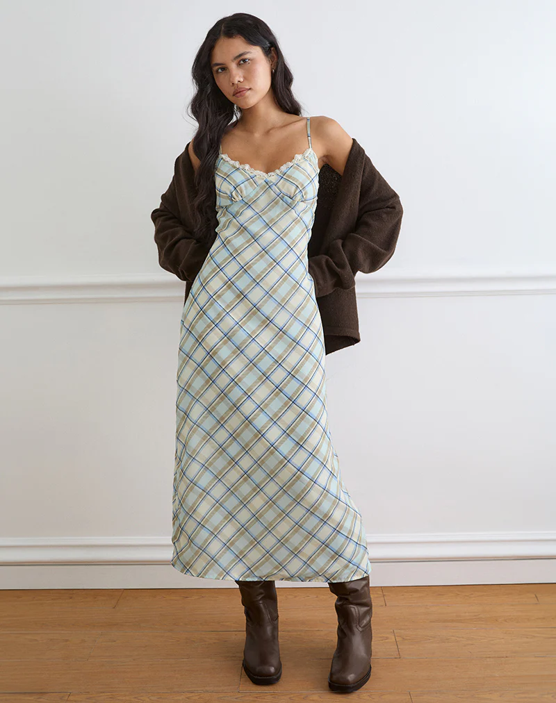 Naska Maxi Dress in Chiffon Vintage Blue Check - Image 2