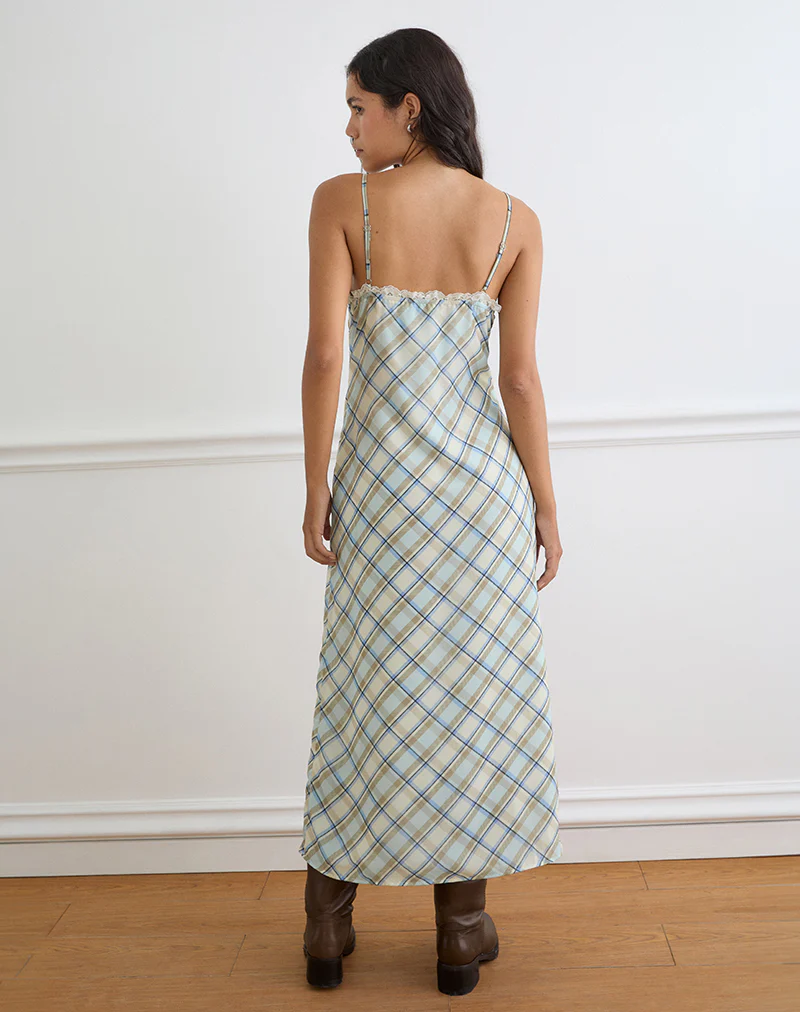 Naska Maxi Dress in Chiffon Vintage Blue Check - Image 3