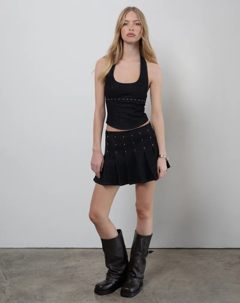 Nasya Halter Top in Chambray Studs Black - Image 4