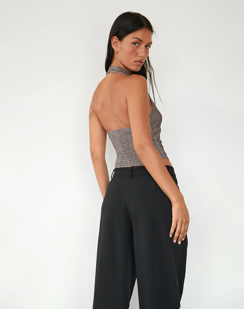 Nasya Halterneck Top in Taupe Pinstripe Tailoring - Image 3