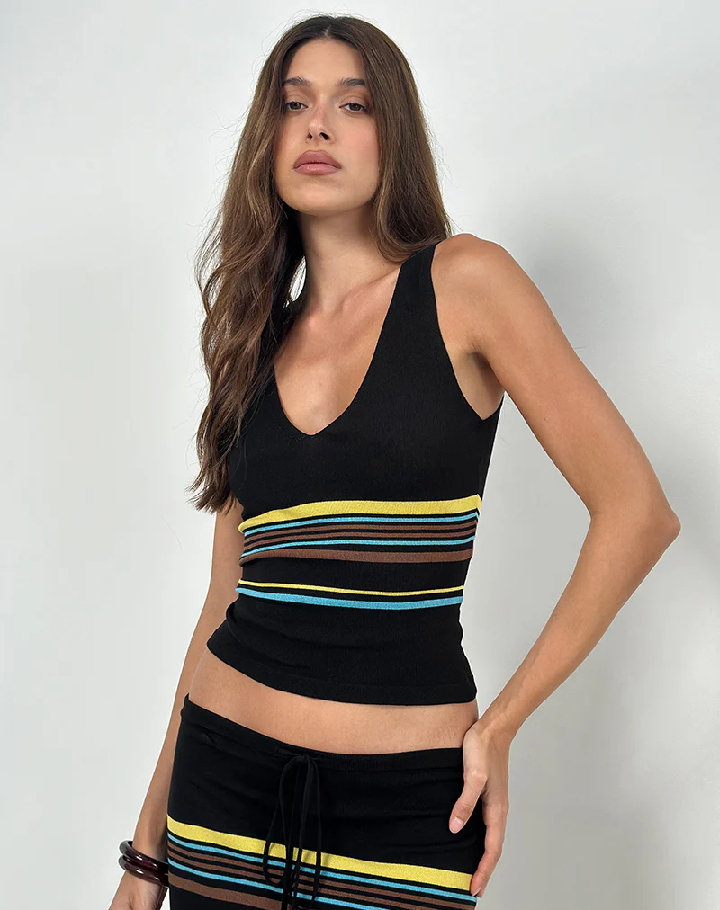 Natcha Vest Top in Black with Brown and Blue Stripes - Image 5