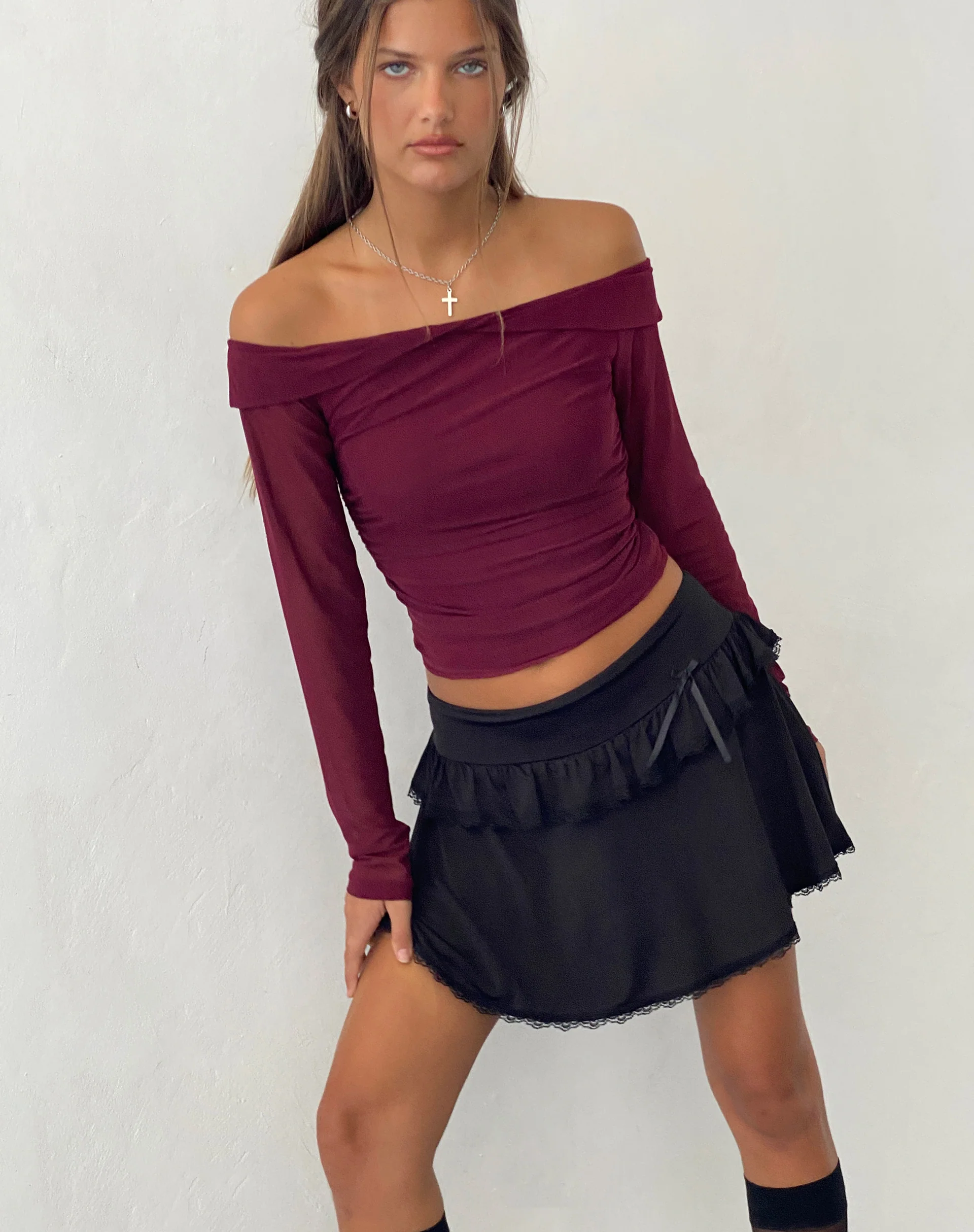 Nauri Mesh Bardot Top in Maroon - Image 4