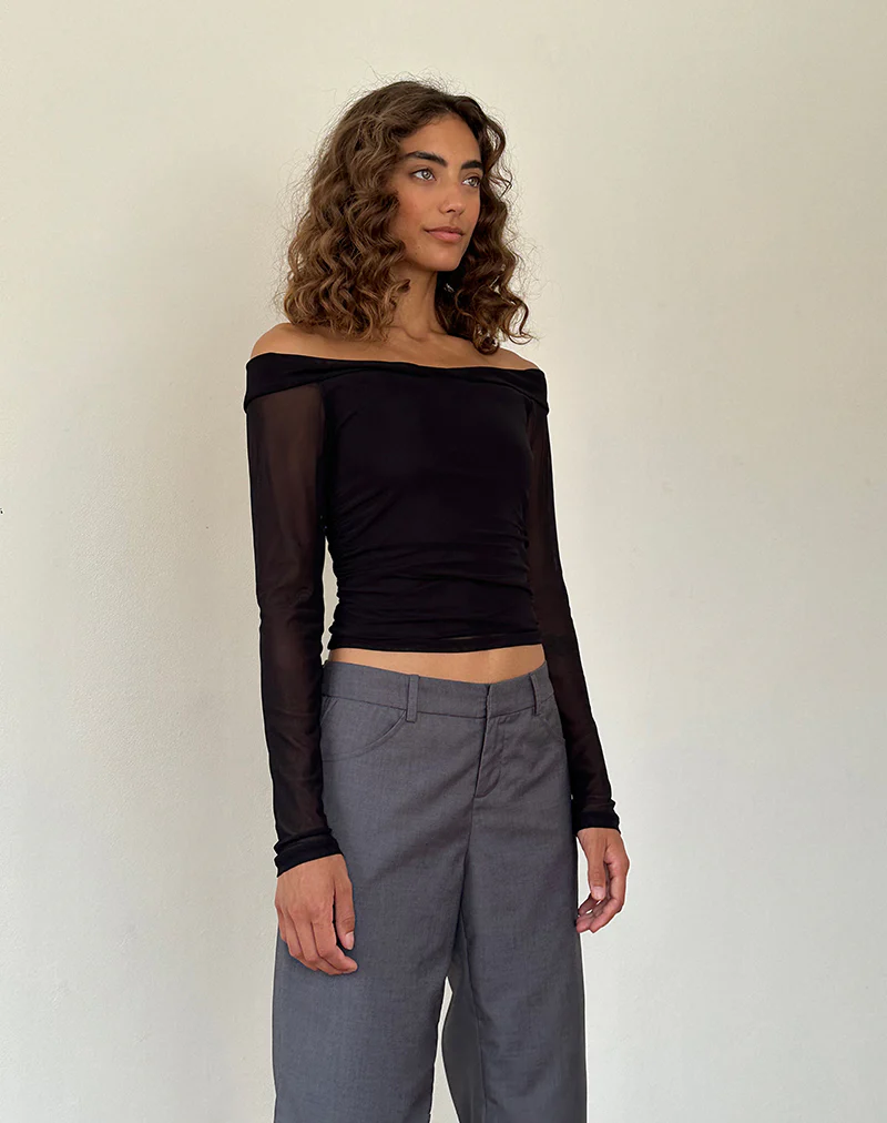 Nauri Long Sleeve Bardot Top in Mesh Black - Image 3