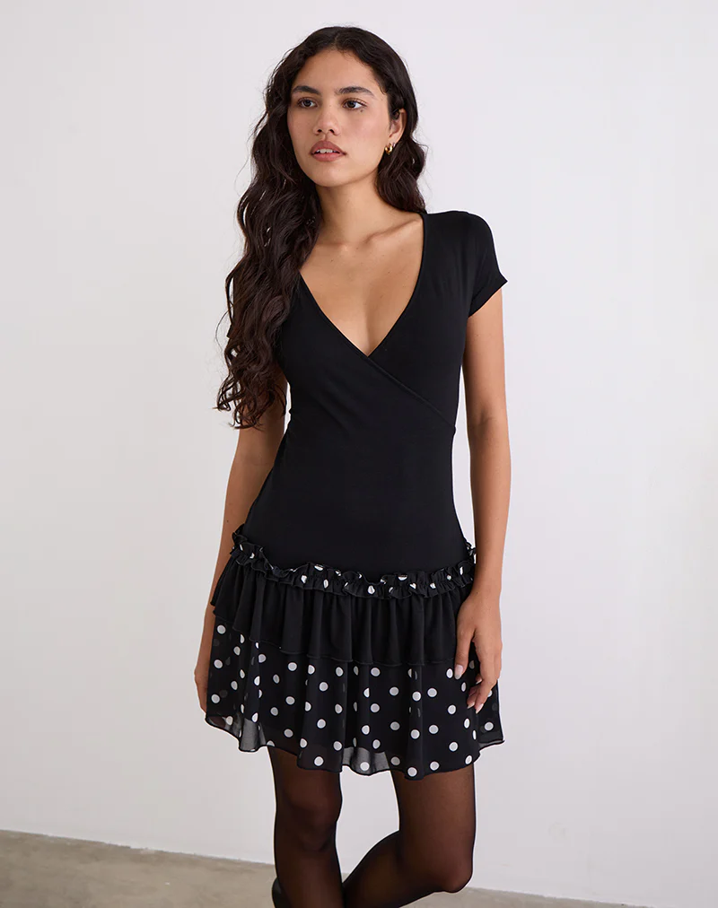 Navya Wrap Mini Dress in Polka Black and White - Image 2