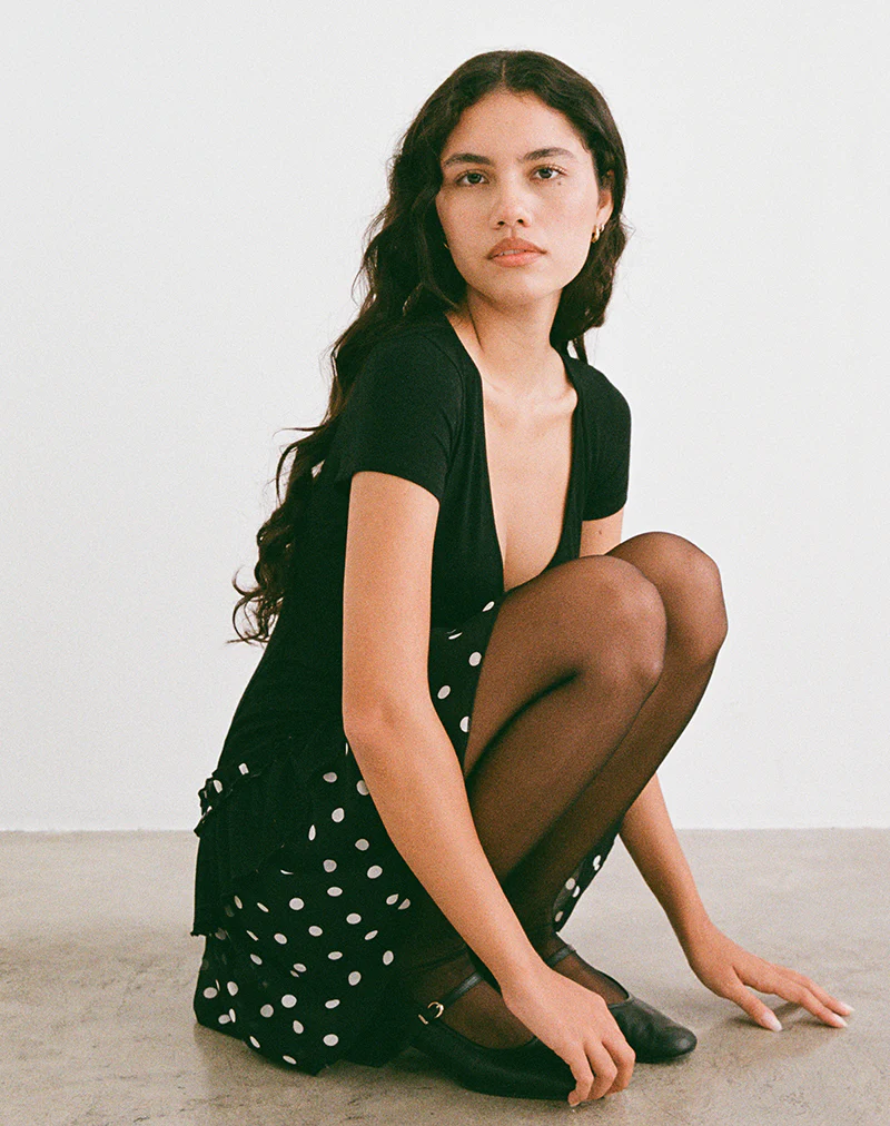 Navya Wrap Mini Dress in Polka Black and White - Image 6