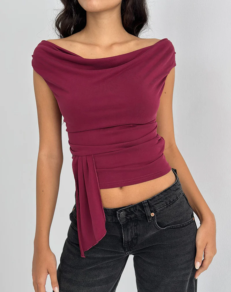 Neida Drape Top in Cupro Burgundy - Image 3