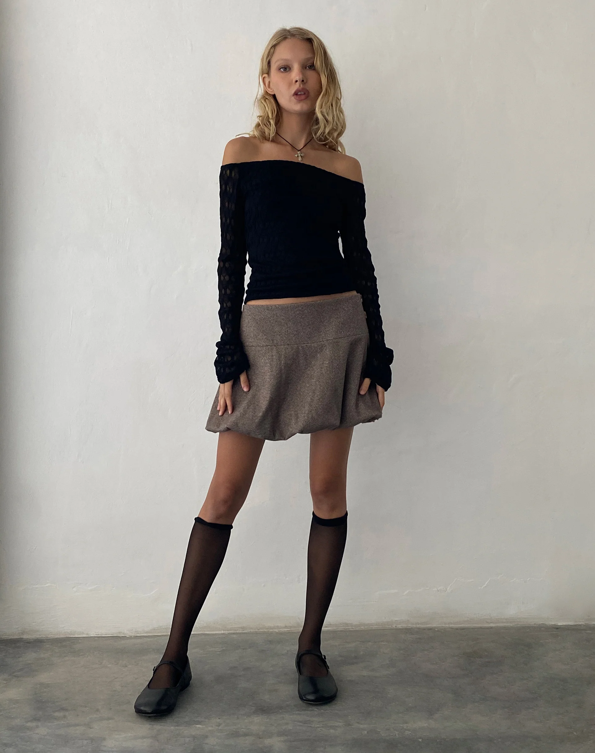Neira Long Sleeve Bardot Top in Textured Knit Black - Image 3