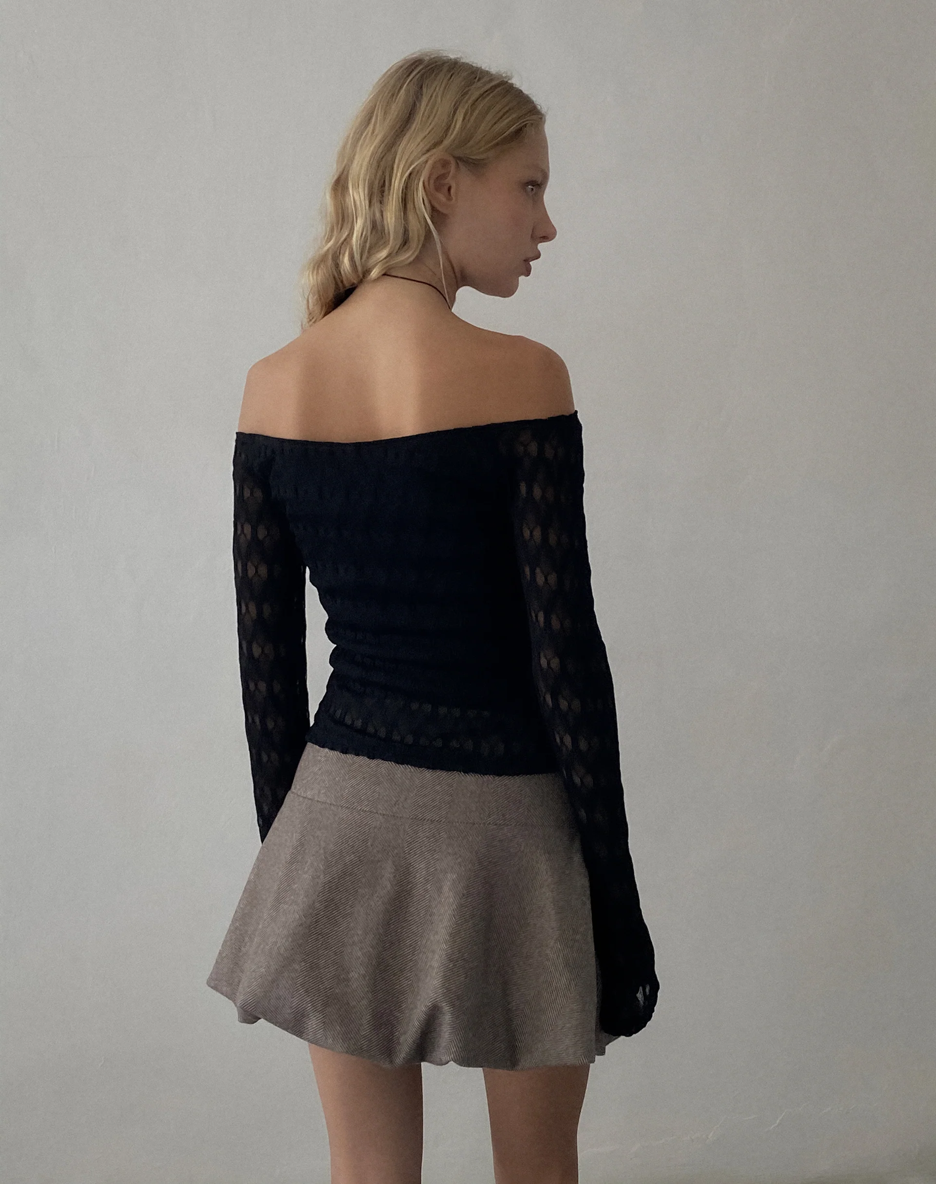 Neira Long Sleeve Bardot Top in Textured Knit Black - Image 5