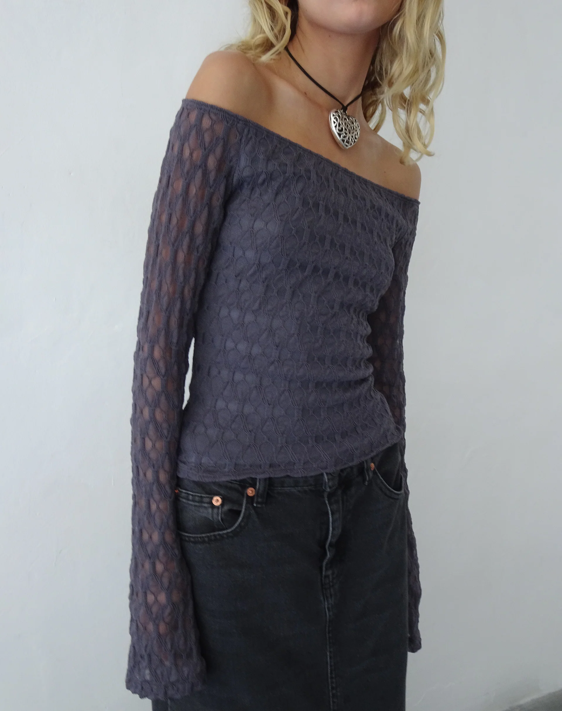 Neira Long Sleeve Bardot Top in Textured Knit Ocean Storm - Image 5