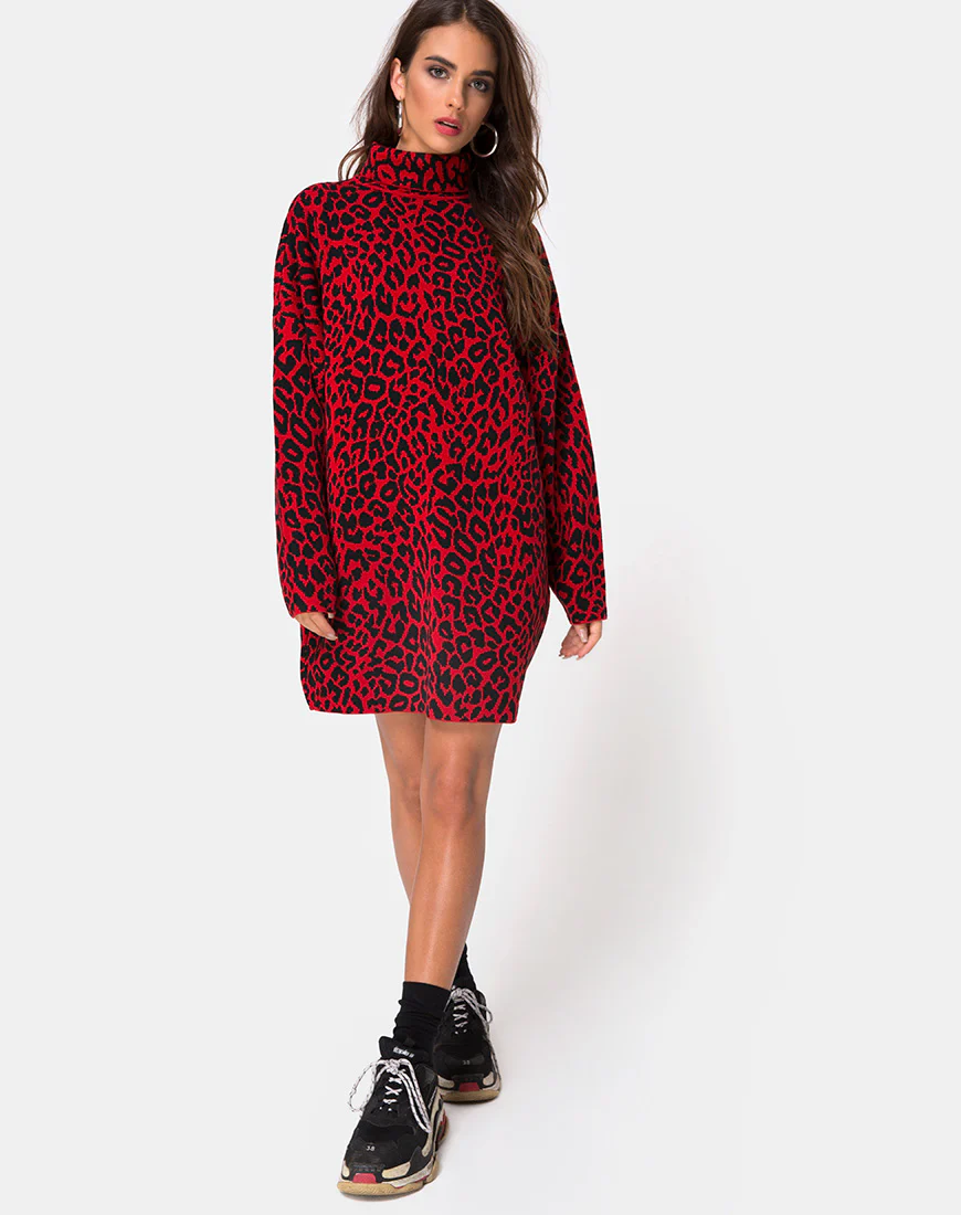 Neivie Jumper Dress in Animal Knit Red - Image 3